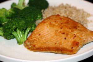 glazed salmon with brown rice and broccoli